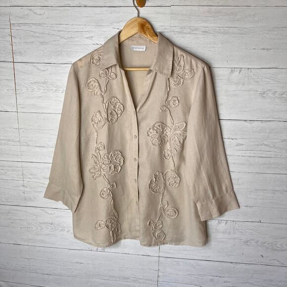 Charter Club Blouse Womens Size Large Beige Raised Floral Design 100% Linen - Picture 1 of 12